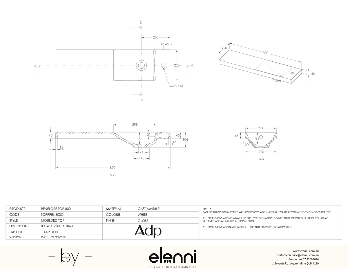 Petite 800 (Penelope) Top, Elenni specification drawing
