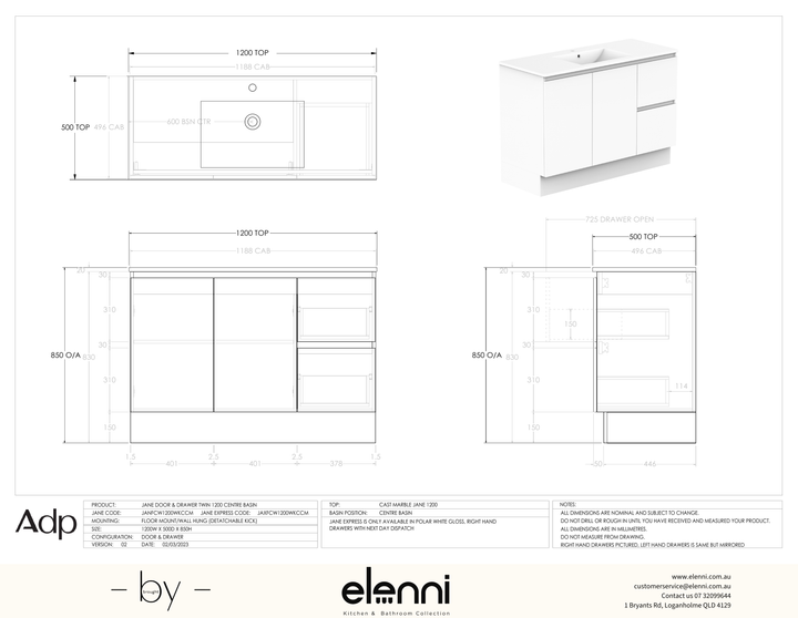 Jane 1200 Centre - Elenni specification drawing