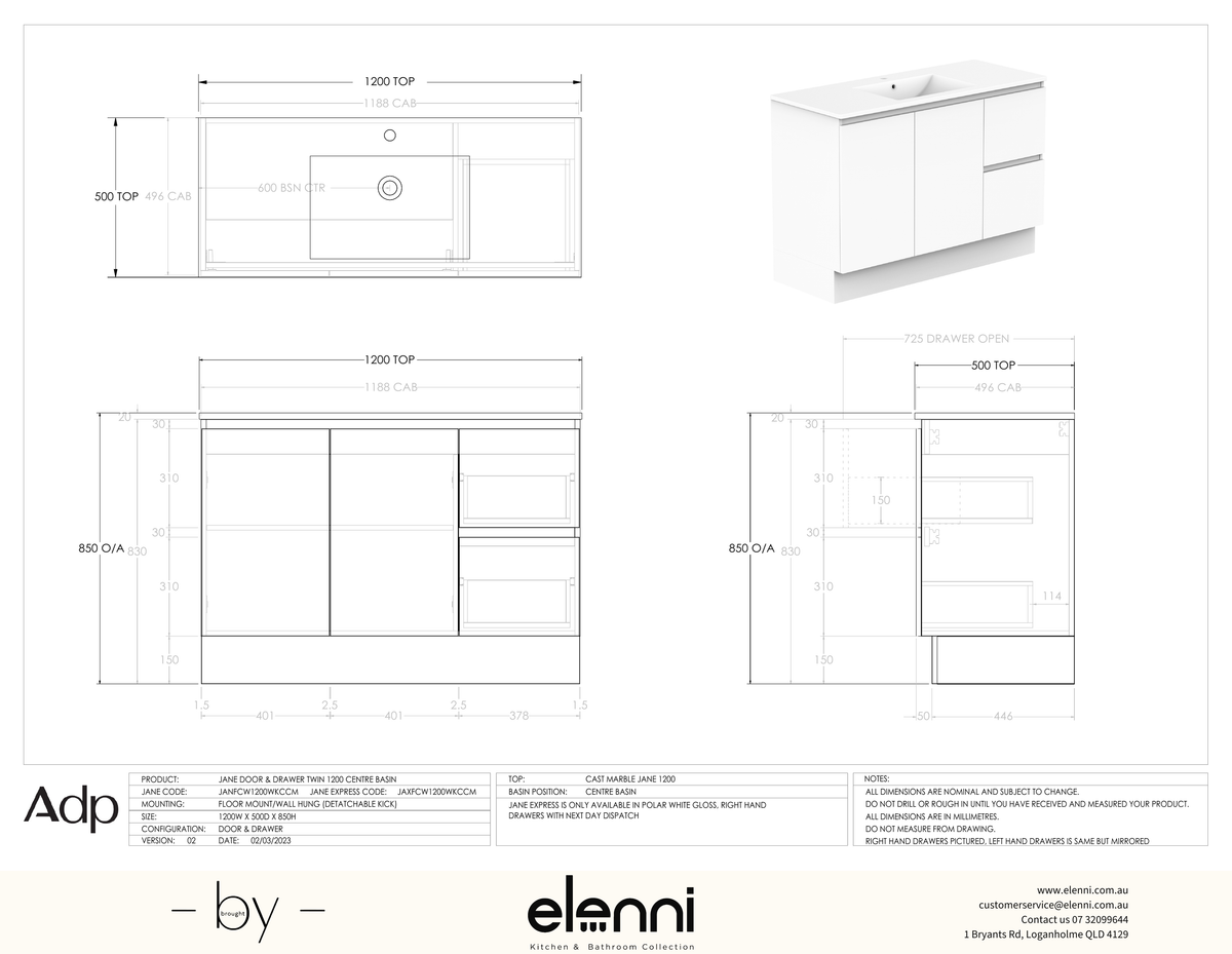 Jane 1200 Centre, Elenni specification drawing
