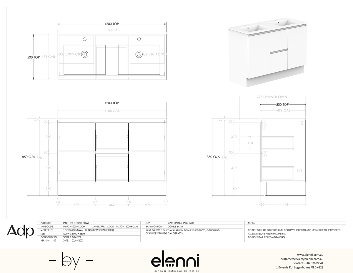 Jane 1200 Double - Elenni specification drawing