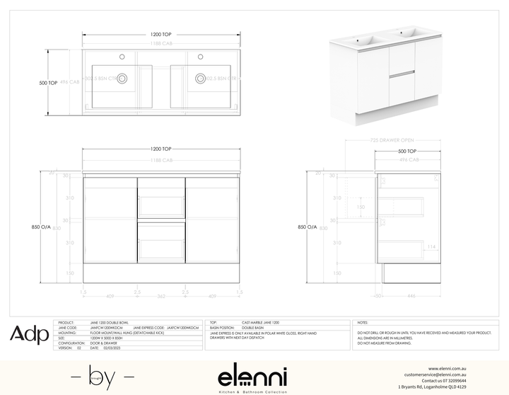 Jane 1200 Double, Elenni specification drawing