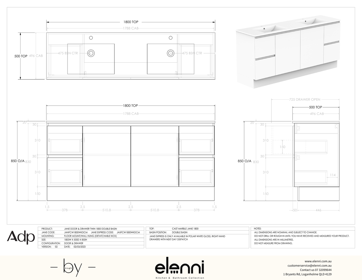 Jane 1800 Double - Elenni specification drawing
