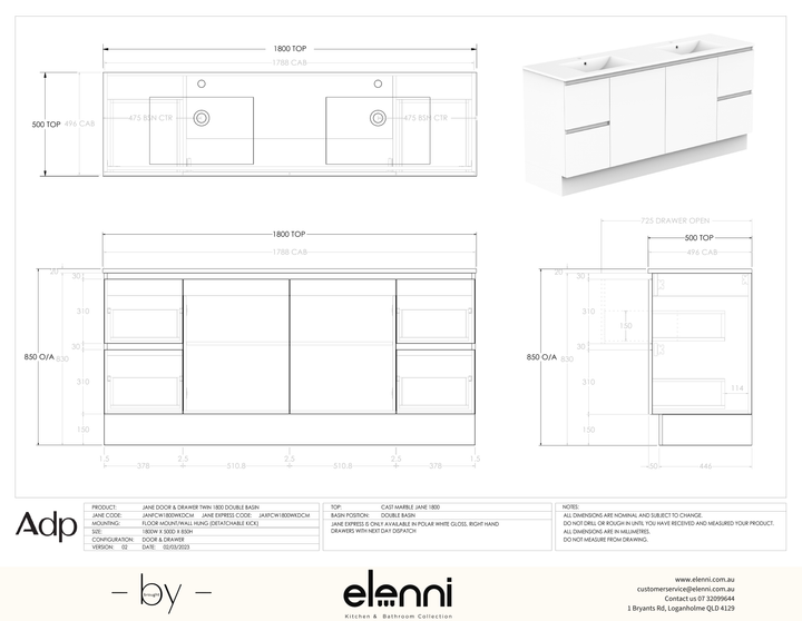 Jane 1800 Double, Elenni specification drawing