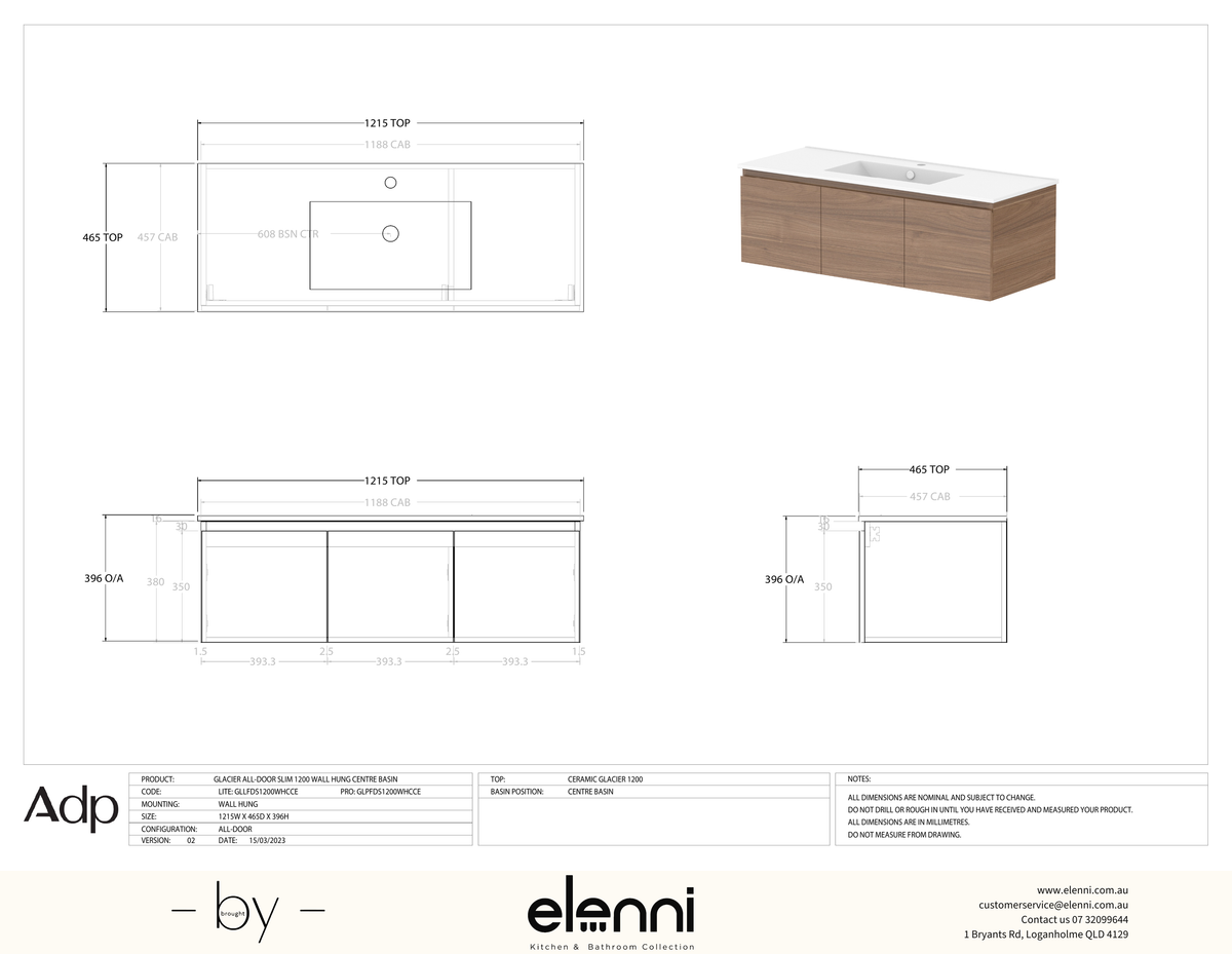 Glacier FD, All Door, 1200 Slim WH, Ceramic Centre Bowl - Elenni specification drawing