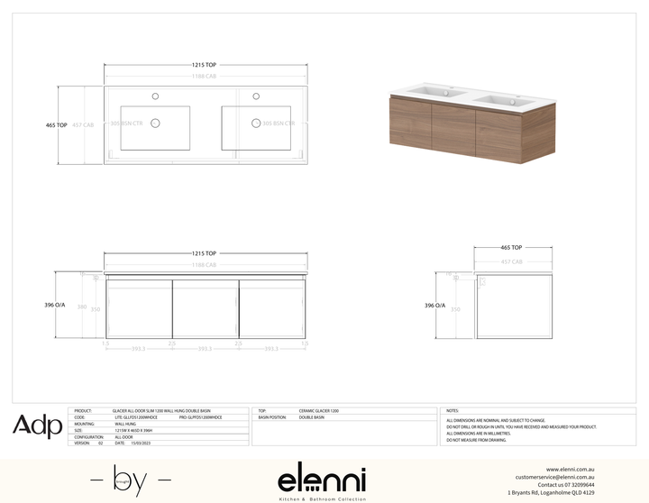 Glacier FD, All Door, 1200 Slim WH, Ceramic Double Bowl - Elenni specification drawing