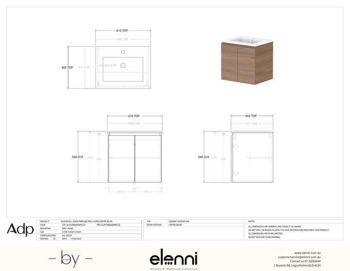Glacier FD, All Door, 600 Twin WH, Ceramic Centre Bowl - Elenni specification drawing