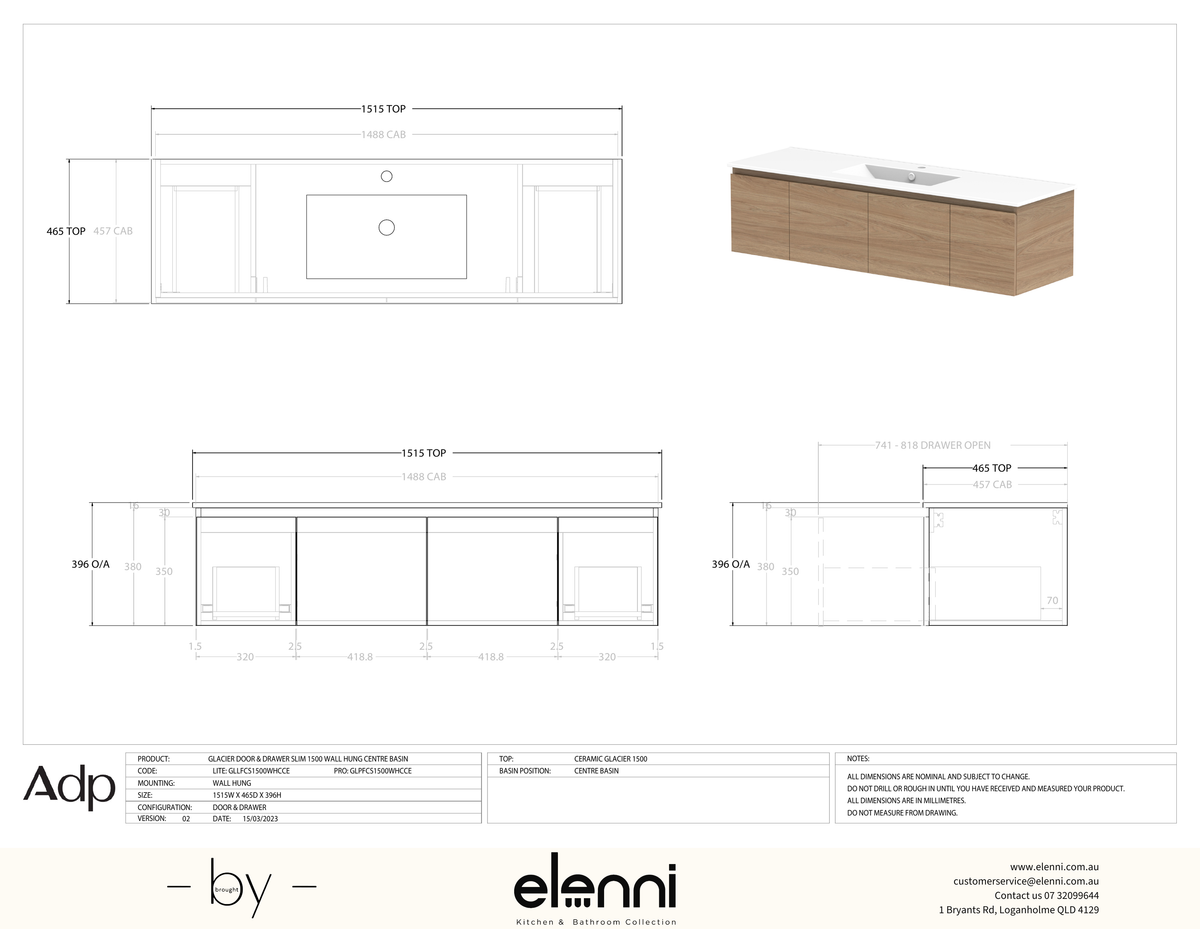 Glacier FD, Door &amp; Drawer, 1500 Slim WH, Ceramic Centre Bowl - Elenni specification drawing