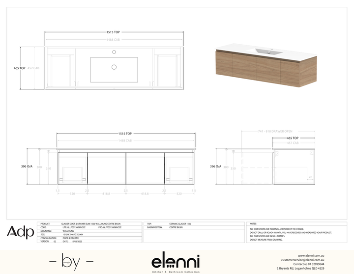 Glacier FD, Door &amp; Drawer, 1500 Slim WH, Ceramic Centre Bowl - Elenni specification drawing