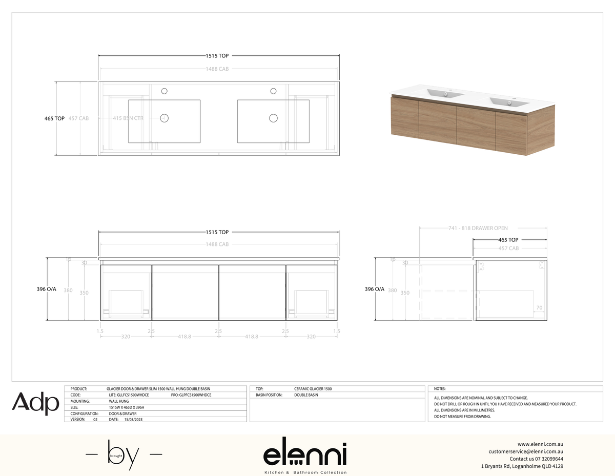 Glacier FD, Door &amp; Drawer, 1500 Slim WH, Ceramic Double Bowl - Elenni specification drawing