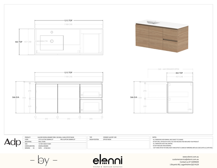 Glacier FD, Door &amp; Drawer, 1200 Twin WH, Ceramic Offset Bowl - Elenni specification drawing