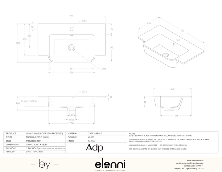 Glacier Cast Marble Semi Recessed (Luna) 750 Centre - Elenni specification drawing