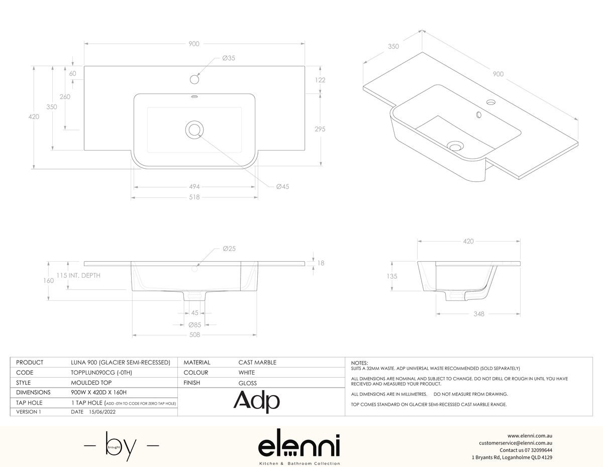 Glacier Cast Marble Semi Recessed (Luna) 900 Centre - Elenni specification drawing