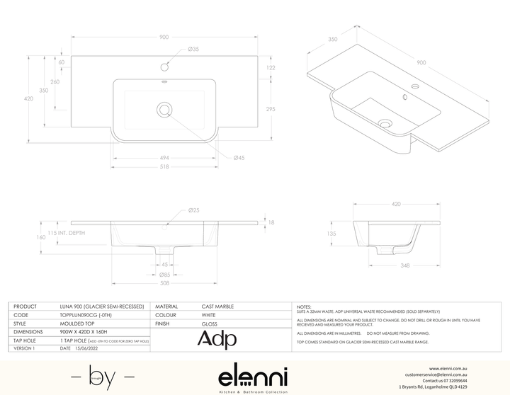 Glacier Cast Marble Semi Recessed (Luna) 900 Centre - Elenni specification drawing