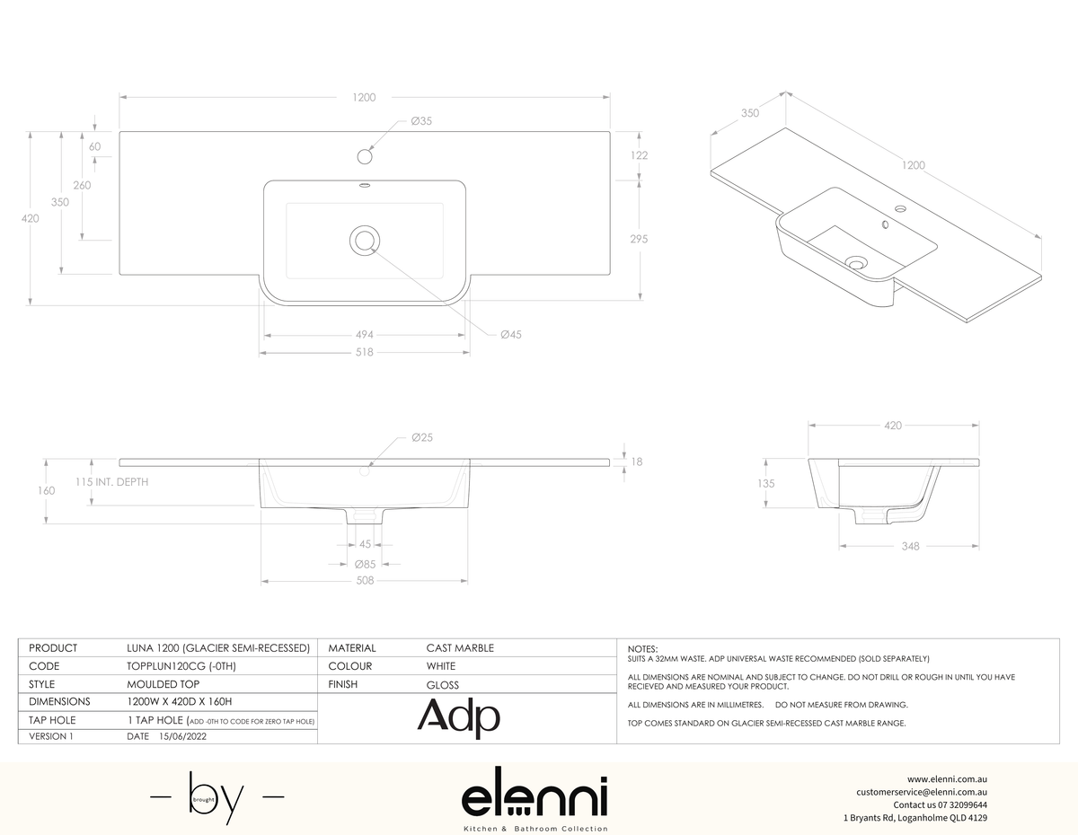 Glacier Cast Marble Semi Recessed (Luna) 1200 Centre - Elenni specification drawing
