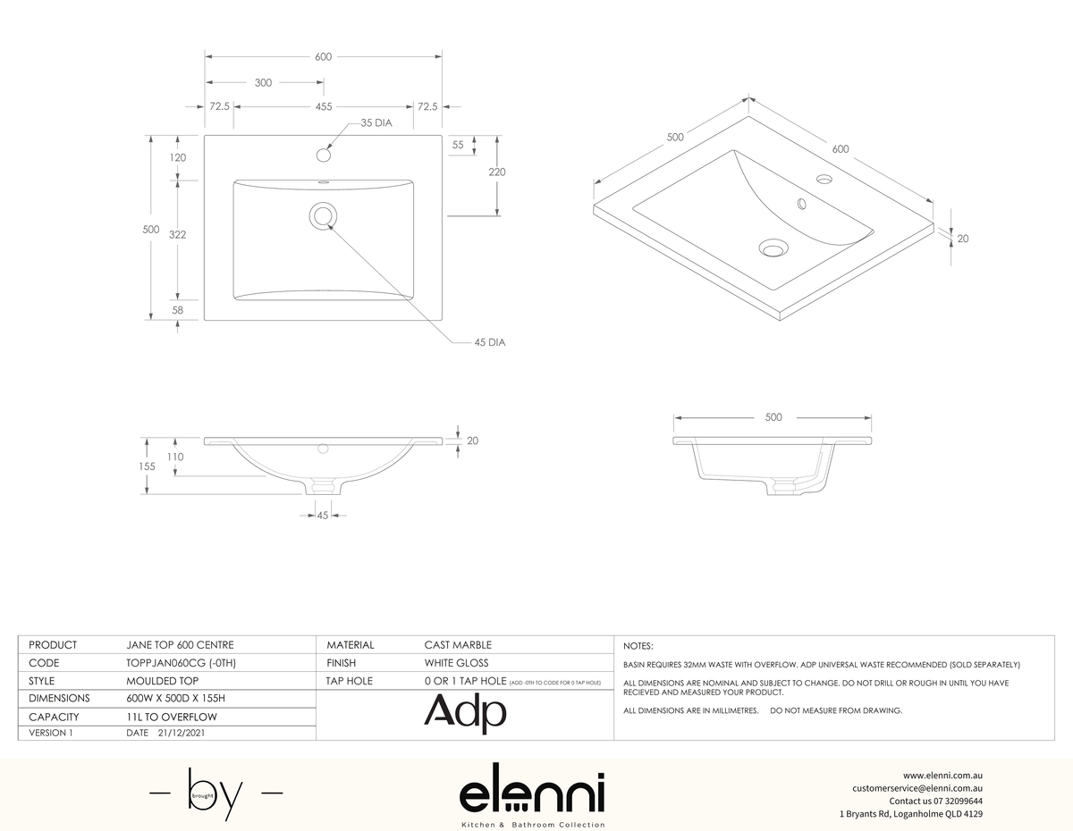 Jane Cast Marble Full Depth Top, 600 Centre, Elenni specification drawing
