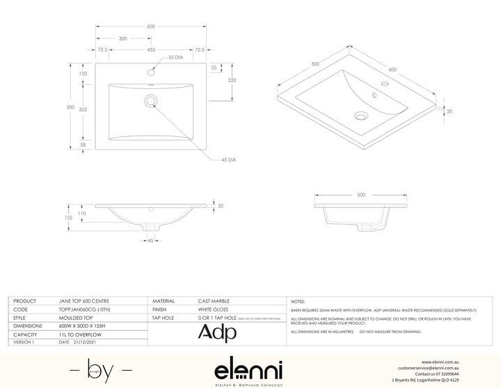 Jane Cast Marble Full Depth Top, 600 Centre, Elenni specification drawing