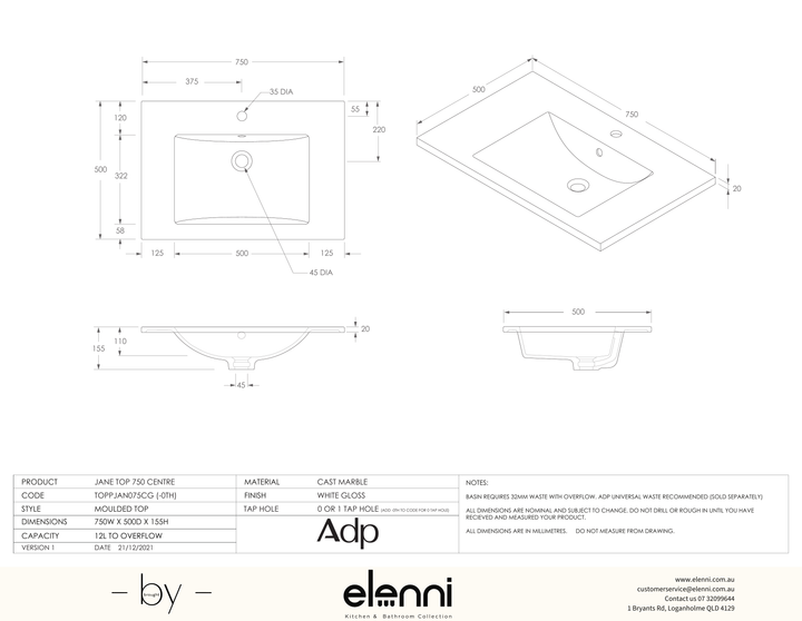 Jane Cast Marble Full Depth Top, 750 Centre, Elenni specification drawing