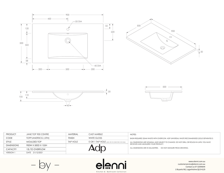 Jane Cast Marble Full Depth Top, 900 Centre, Elenni specification drawing