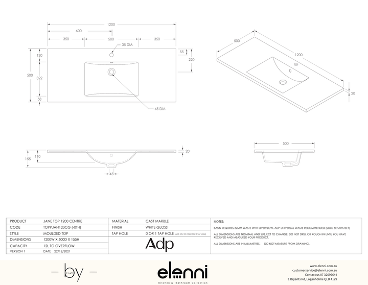 Jane Cast Marble Full Depth Top, 1200 Centre, Elenni specification drawing