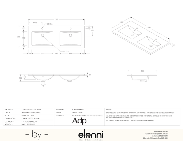 Jane Cast Marble Full Depth Top, 1200 Double, Elenni specification drawing