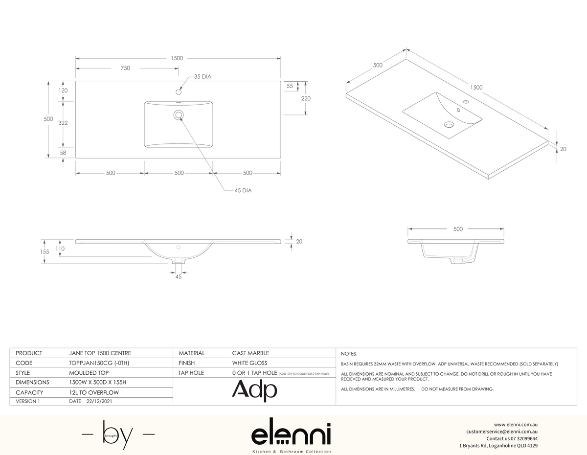 Jane Cast Marble Full Depth Top, 1500 Centre - Elenni specification drawing