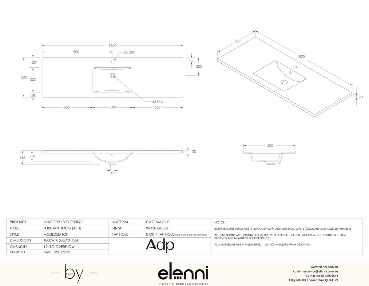 Jane Cast Marble Full Depth Top, 1800 Centre, Elenni specification drawing