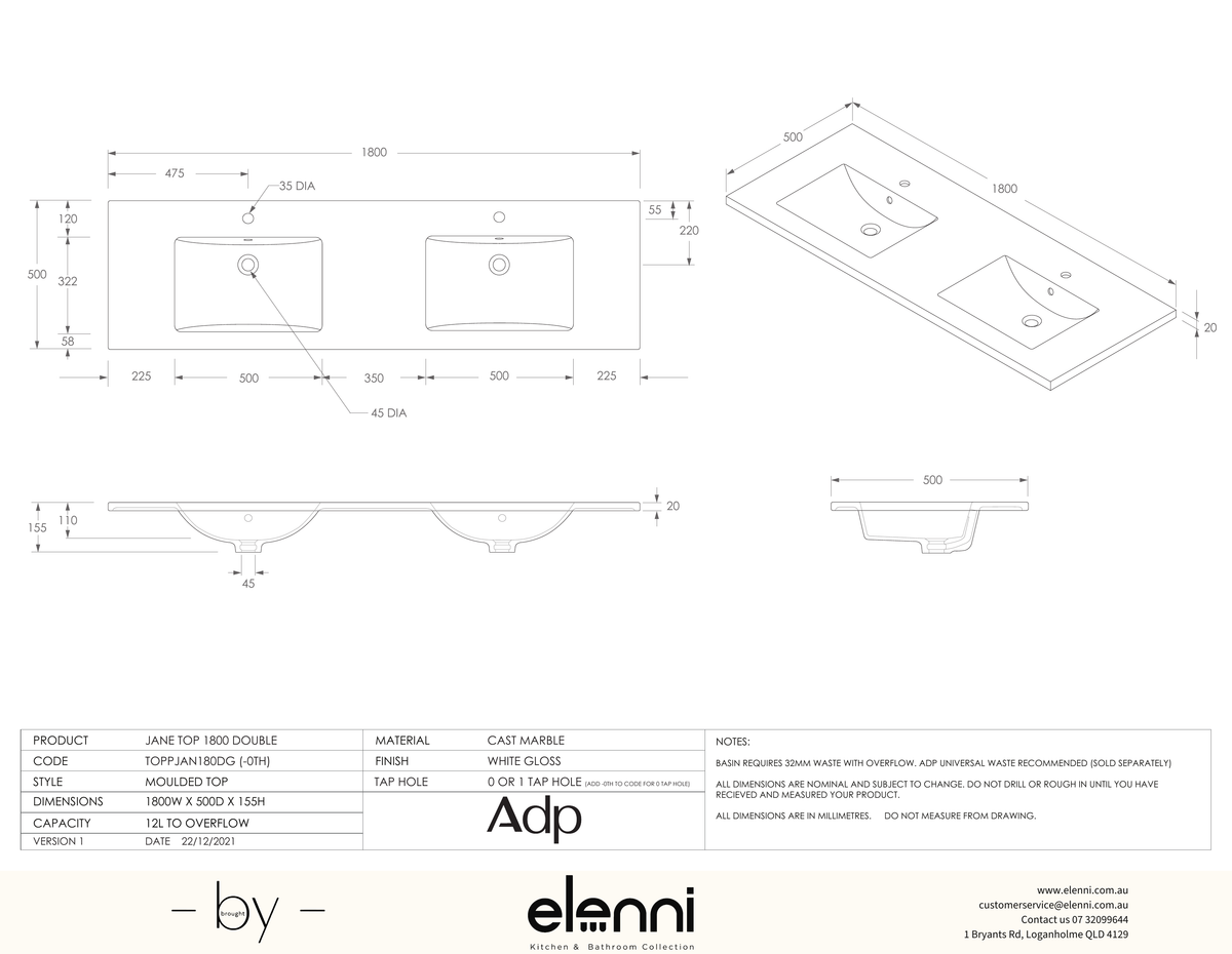 Jane Cast Marble Full Depth Top, 1800 Double - Elenni specification drawing
