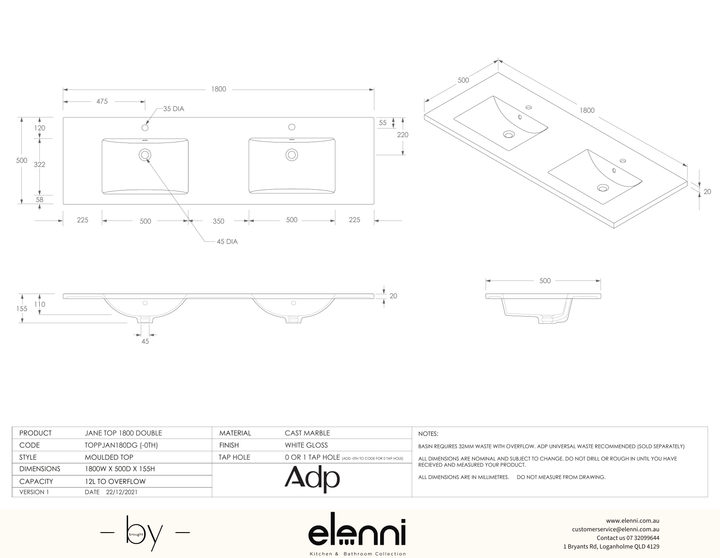 Jane Cast Marble Full Depth Top, 1800 Double - Elenni specification drawing
