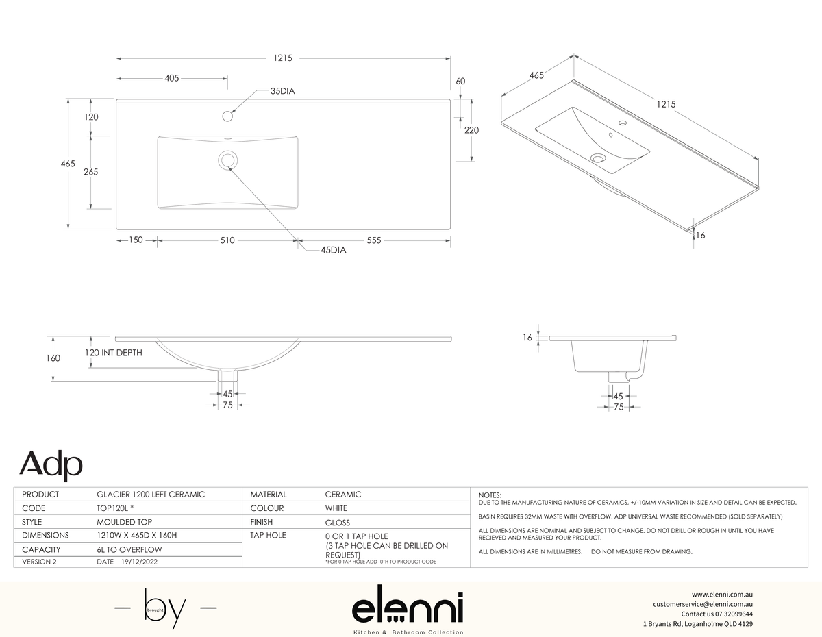 Glacier Ceramic Full Depth Top, 1200 Left Hand Bowl - Elenni specification drawing
