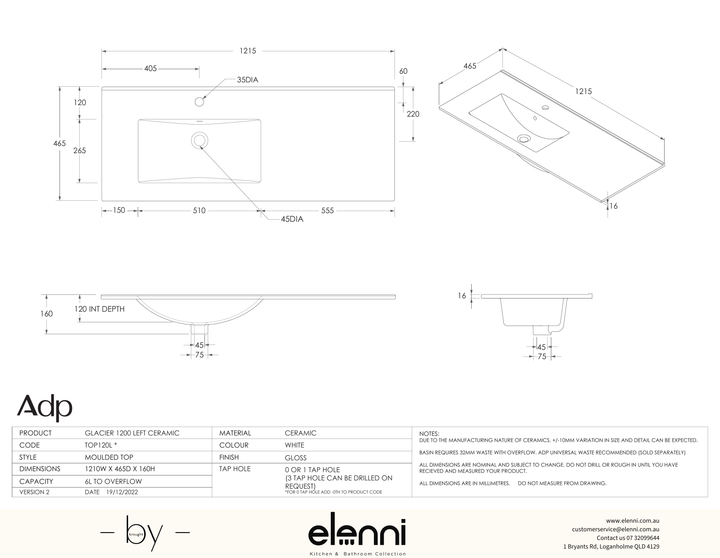 Glacier Ceramic Full Depth Top, 1200 Left Hand Bowl - Elenni specification drawing