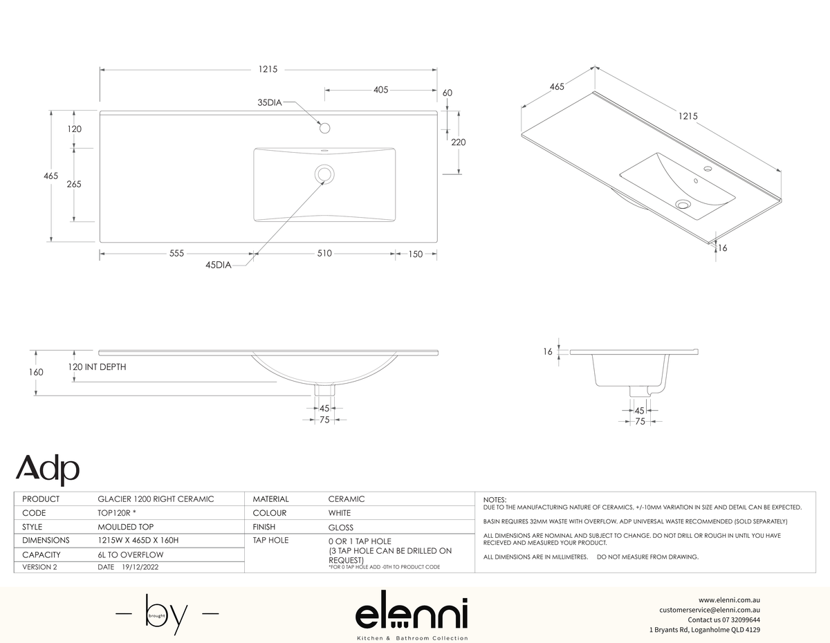 Glacier Ceramic Full Depth Top, 1200 Right Hand Bowl - Elenni specification drawing