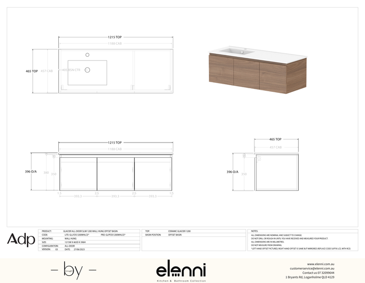 Glacier FD, All Door, 1200 Slim WH, Ceramic Offset Bowl - Elenni specification drawing