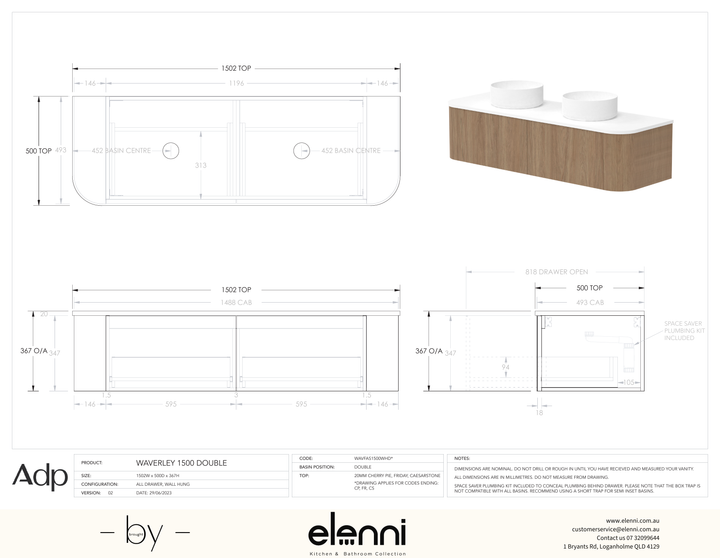 Waverley 1500mm Double, Elenni specification drawing