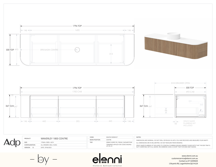 Waverley 1800mm Centre, Elenni specification drawing