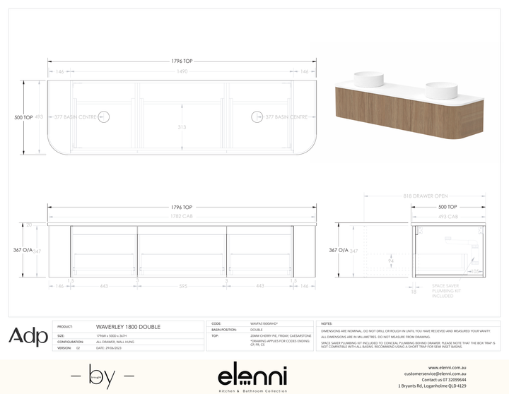 Waverley 1800mm Double, Elenni specification drawing