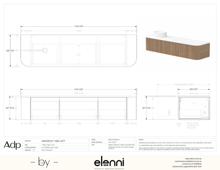 Waverley 1800mm Left Offset, Elenni specification drawing