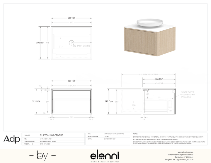 Clifton 600mm Centre, Elenni specification drawing