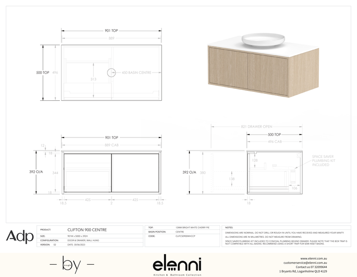 Clifton 900mm Centre, Elenni specification drawing