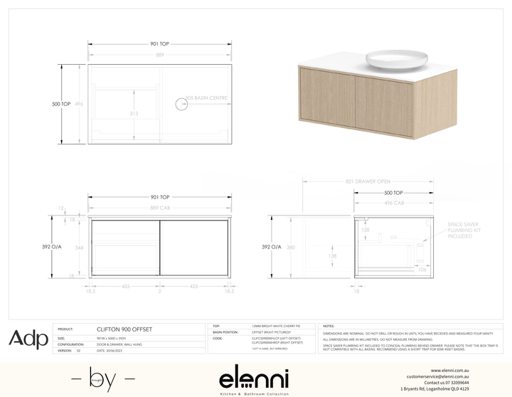 Clifton 900mm Offset, Elenni specification drawing