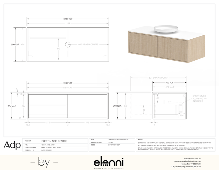 Clifton 1200mm Centre, Elenni specification drawing