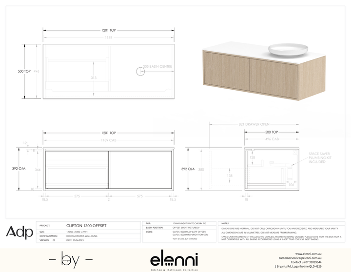 Clifton 1200mm Offset, Elenni specification drawing