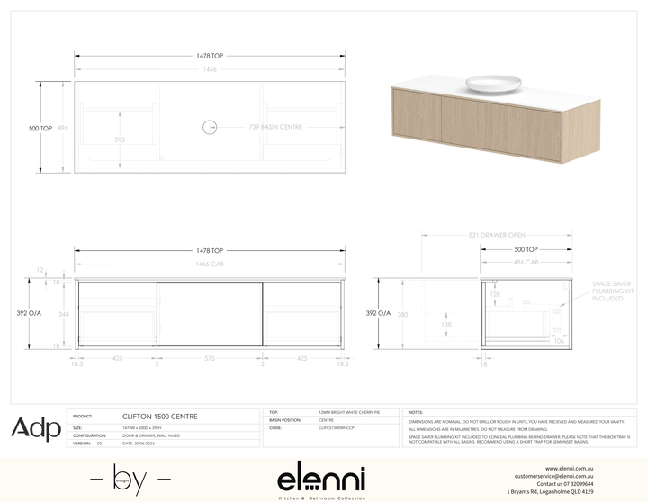 Clifton 1500mm Centre, Elenni specification drawing