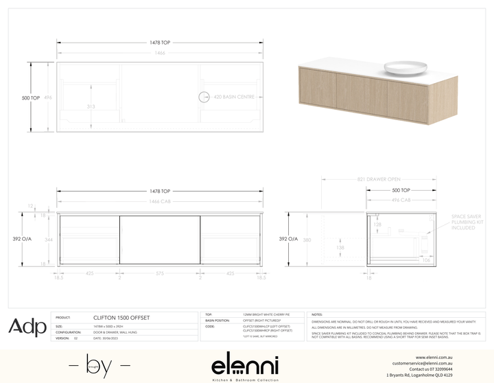Clifton 1500mm Offset, Elenni specification drawing