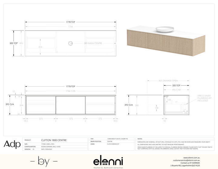 Clifton 1800mm Centre, Elenni specification drawing