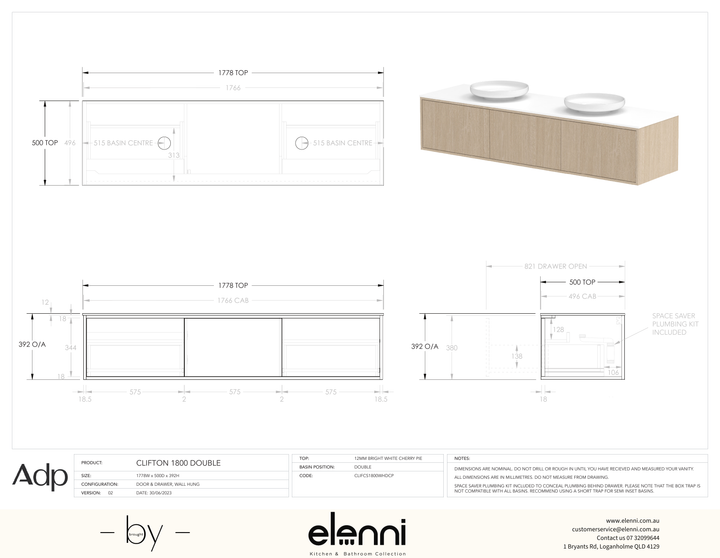 Clifton 1800mm Double, Elenni specification drawing