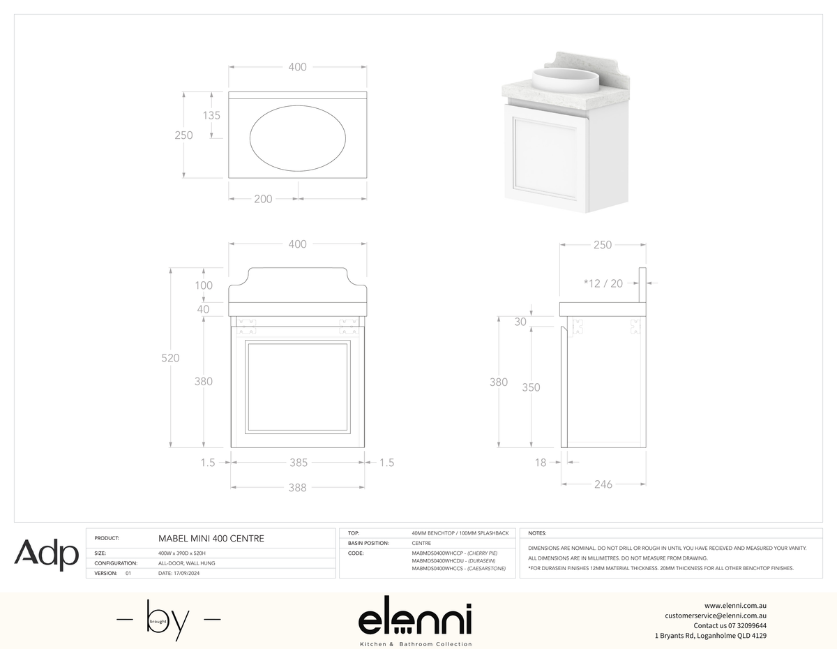 Mabel Mini 400 Wall Hung Centre - Elenni specification drawing