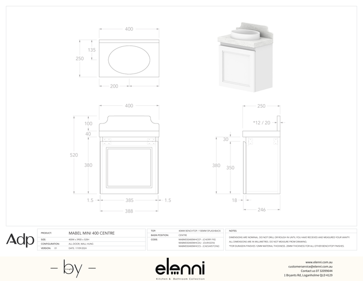 Mabel Mini 400 Wall Hung Centre, Elenni specification drawing