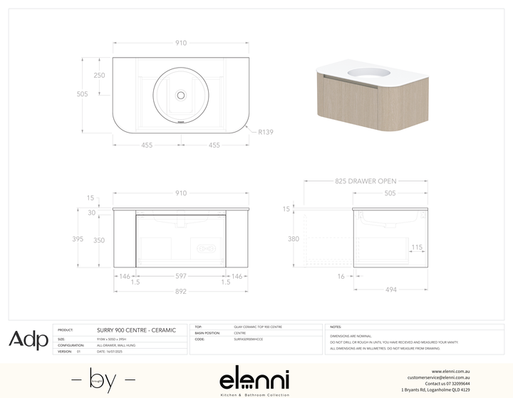 Surry 900, Ceramic, Centre Bowl, Elenni specification drawing
