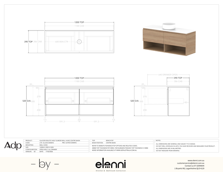 Glacier Ensuite, Shelf 1200 Slim WH, Benchtop Centre Bowl - Elenni specification drawing