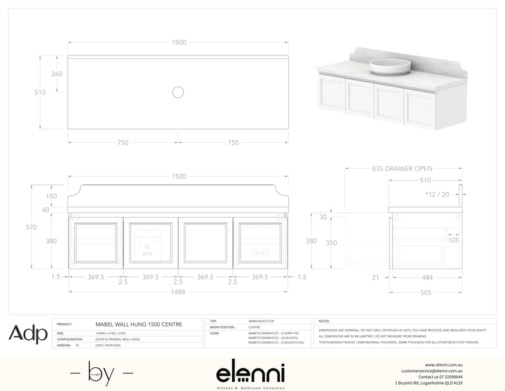 Mabel 1500 Wall Hung Centre, Elenni specification drawing